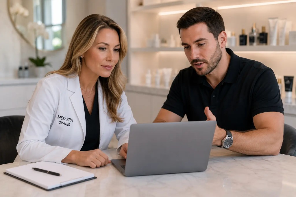 Med spa owner reviewing AI automation workflows with a ServiceFinder consultant