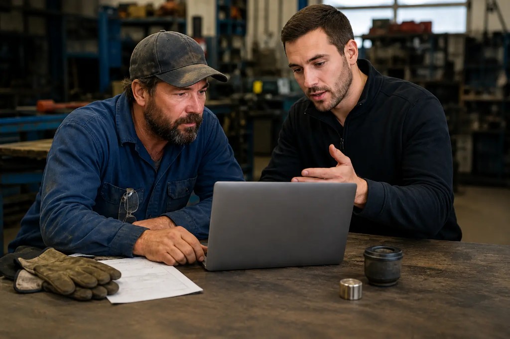 Contractor receiving hands-on guidance on secure digital systems from a ServiceFinder consultant